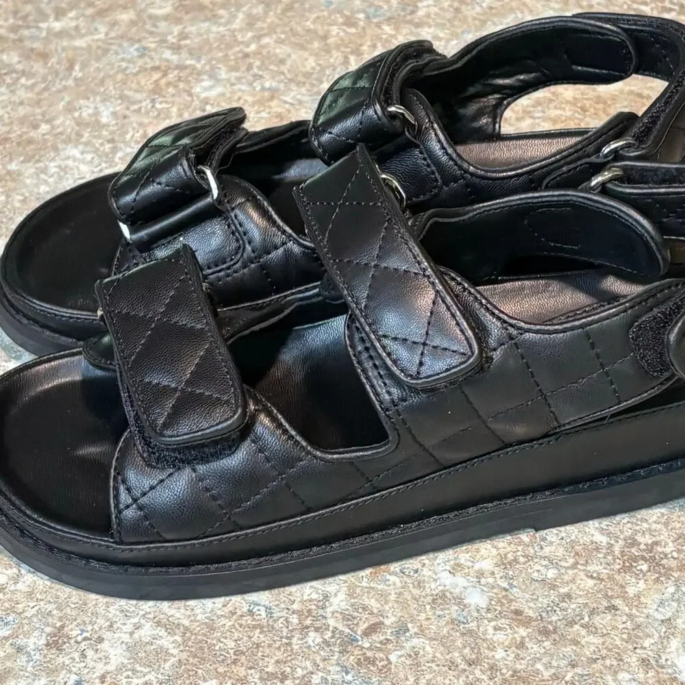 Tony Bianco Hiranni Black Sheep Nappa Leather Quilted Dad Sandals Size 38
